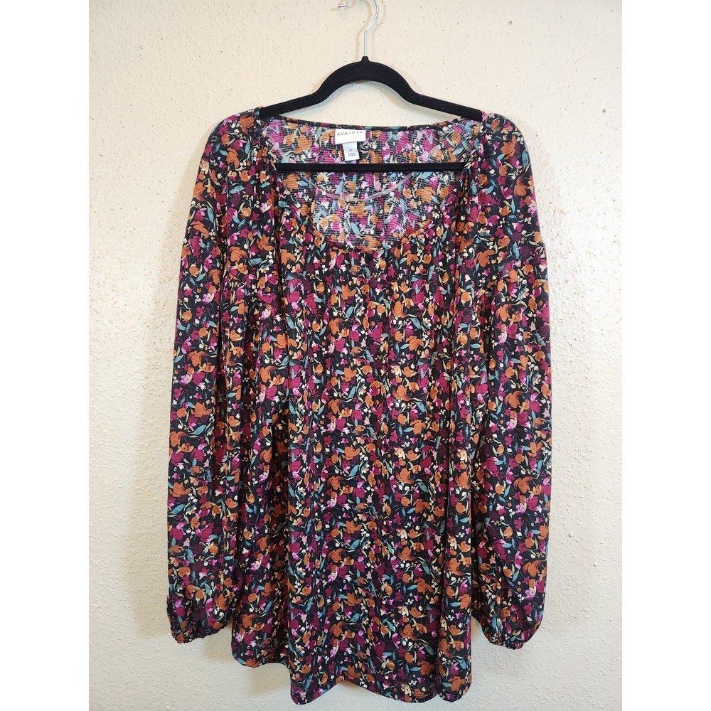 Ava & Viv Womens 2X Multicolor Floral Blouse Long Bubble Sleeve Scoop Neck Tunic